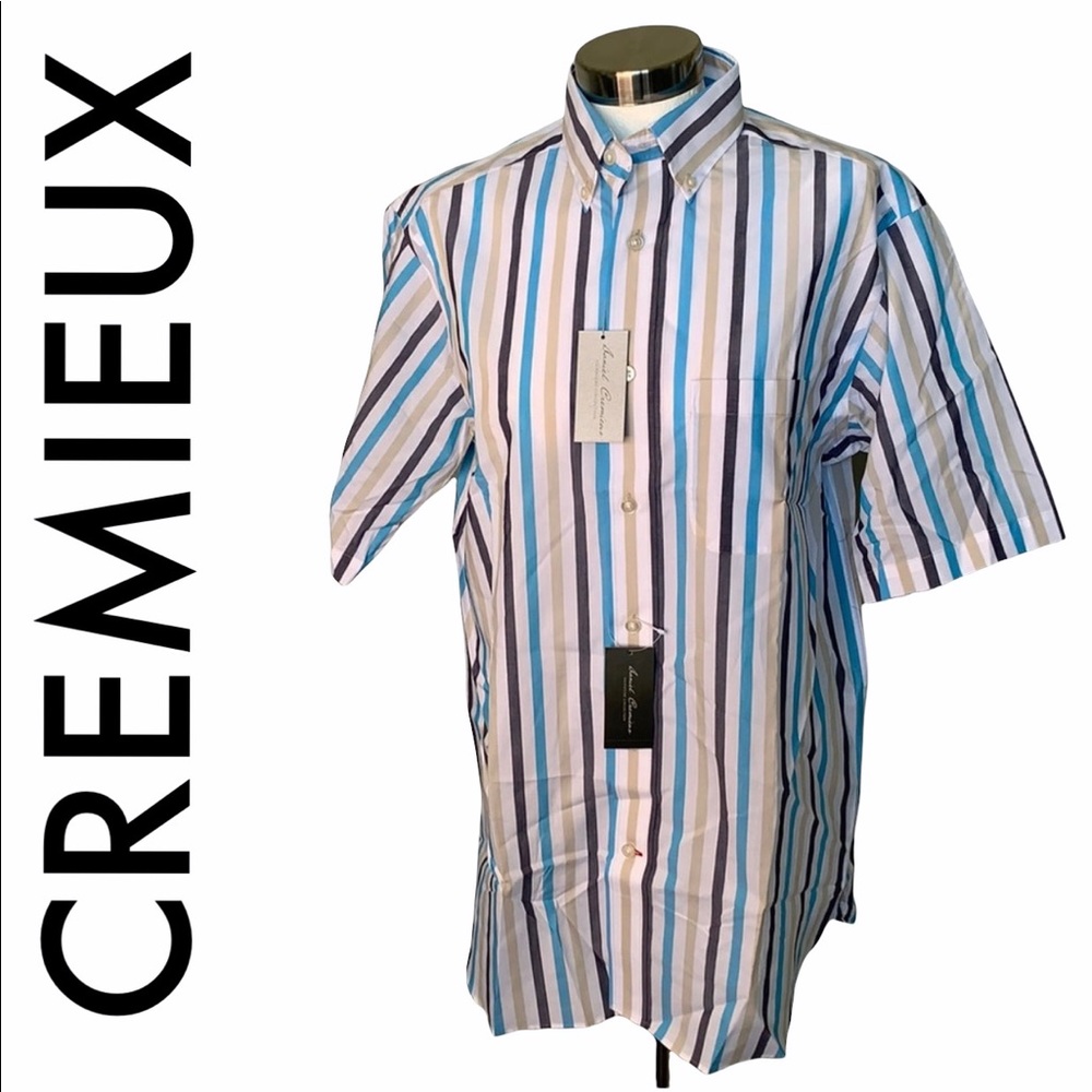 DANIEL CREMIEUX NWT MEN’S TAN BLUE WHITE STRIPED SHORT SLEEVE BUTTON FRONT S - Picture 1 of 6